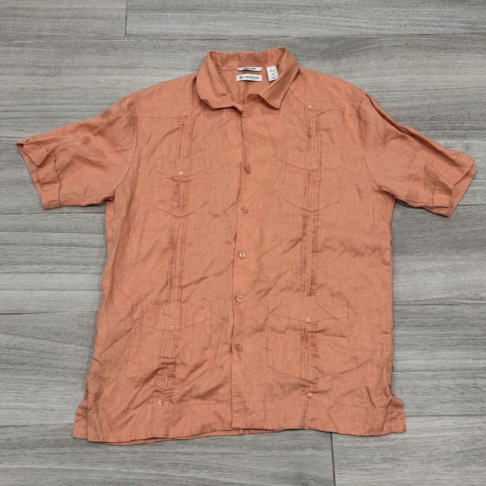 Cubavera Linen Blend Guayabera Fit Short-sleeve Shirt Coral Orange Large NWT